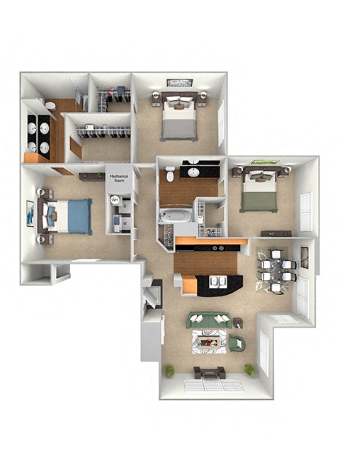 Floor plan for 3 beds, 2 baths, 1369 sqft